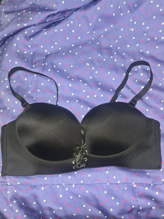 fallsweet Other - Smooth Black Lace-Up Push-Up Bra with Adjustable Straps